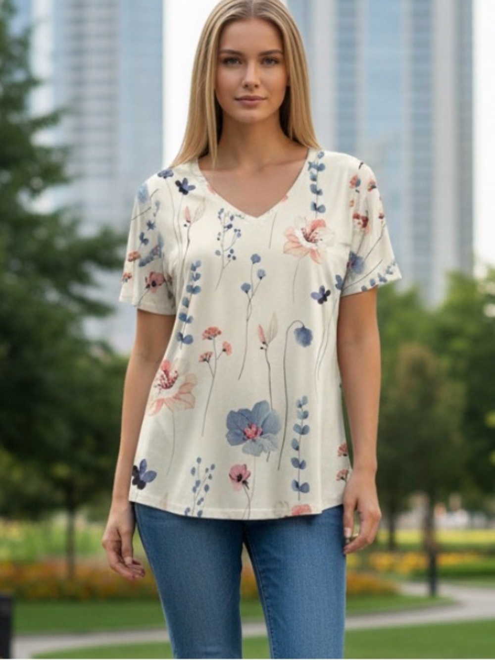NWOT Beautiful Feminine Floral VNeck Short Sleeve Top gray blues, pinks & white